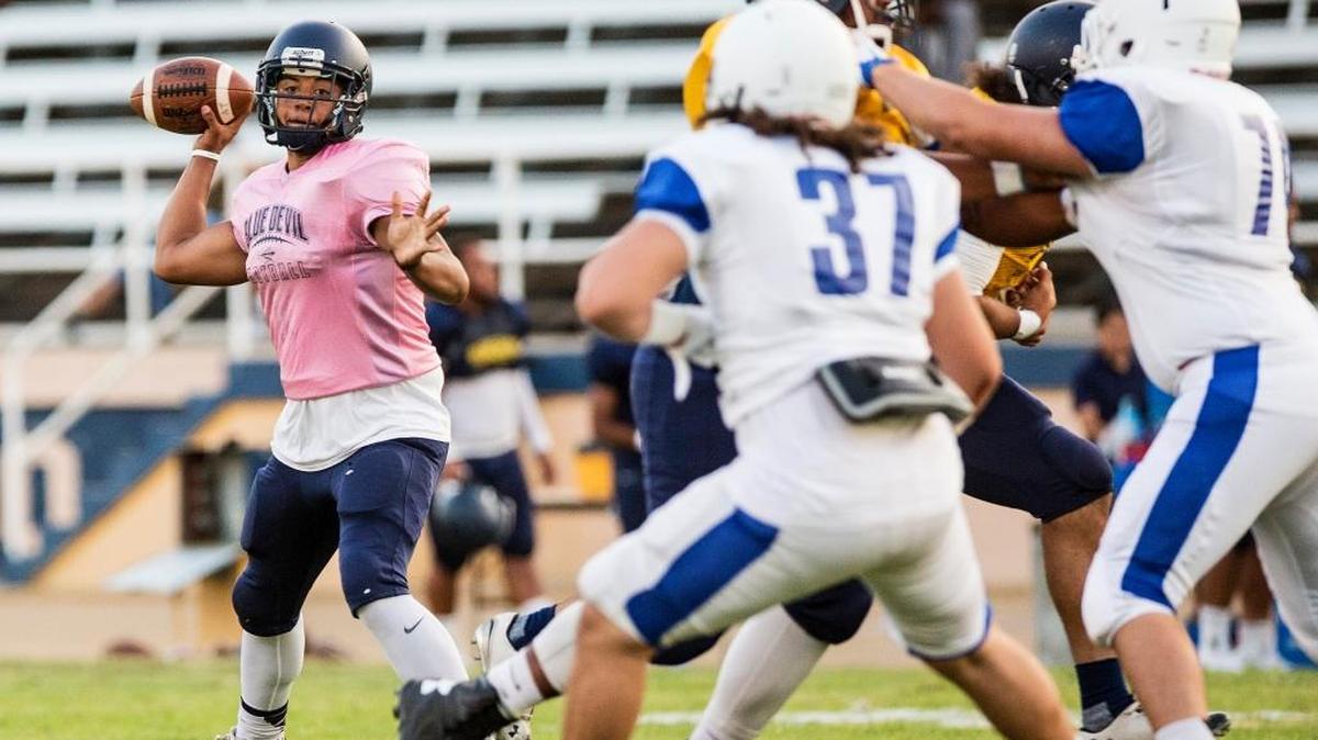 Merced College quarterback Frank Cocio drops back for a pass during a scrimmage against Modesto Junior College at Merced College in Merced, Calif., Thursday, Aug. 25, 2016. Cocio and the Blue Devils will scrimmage the Pirates on Thursday in Modesto.