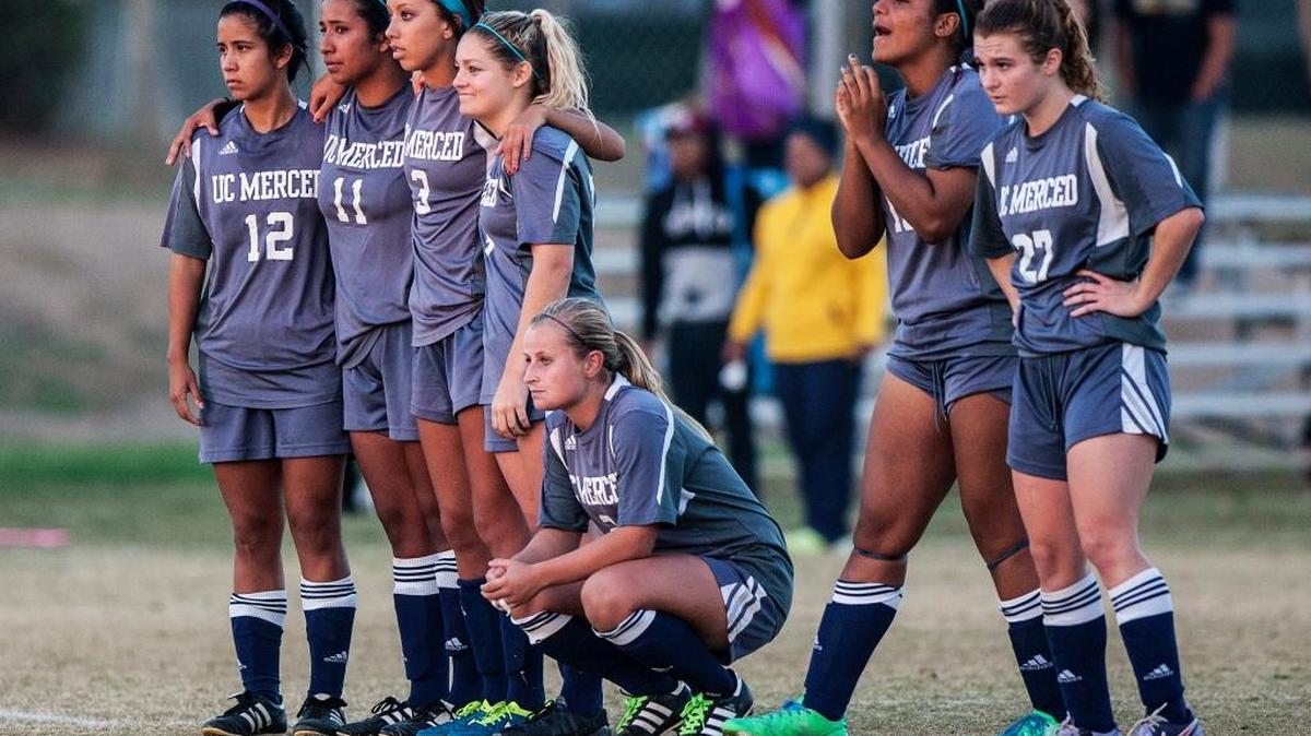 University of California, Merced players look on during penalty kicks in the Cal Pac Conference Championship game against Embry-Riddle Aeronautical University at UC Merced in Merced, Calif., Saturday, Nov. 14, 2015. The Bobcats lost to the Eagles on penalty kicks.