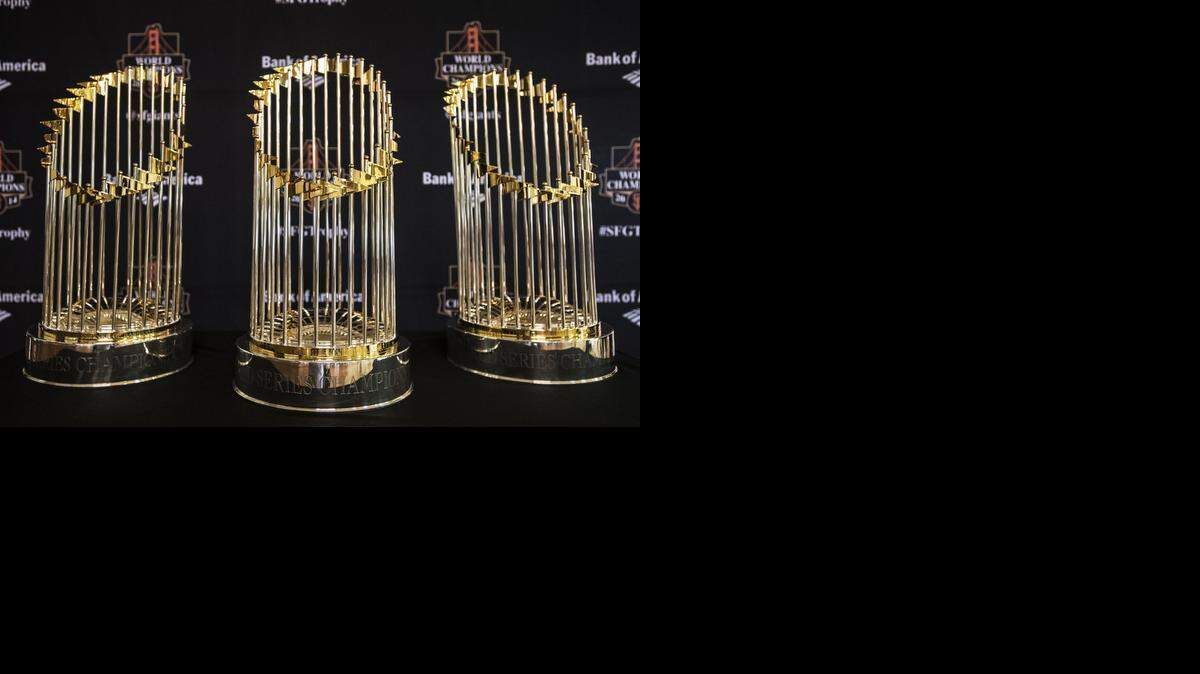 The San Francisco Giants World Series trophies are on display at the Merced County Fairgrounds in Merced on Wednesday.