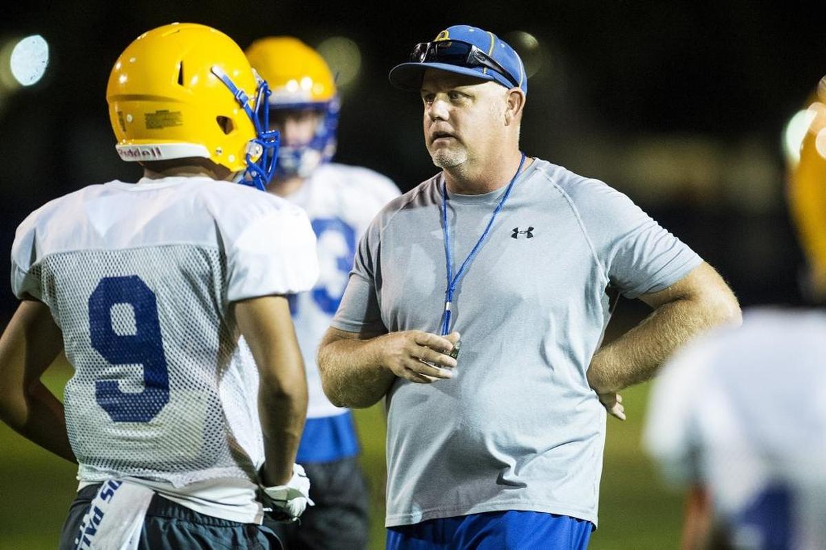 Dos Palos head coach Kevin Jones during football practice at Dos Palos High School in Dos Palos, Calif., on Thursday, July 26, 2018.