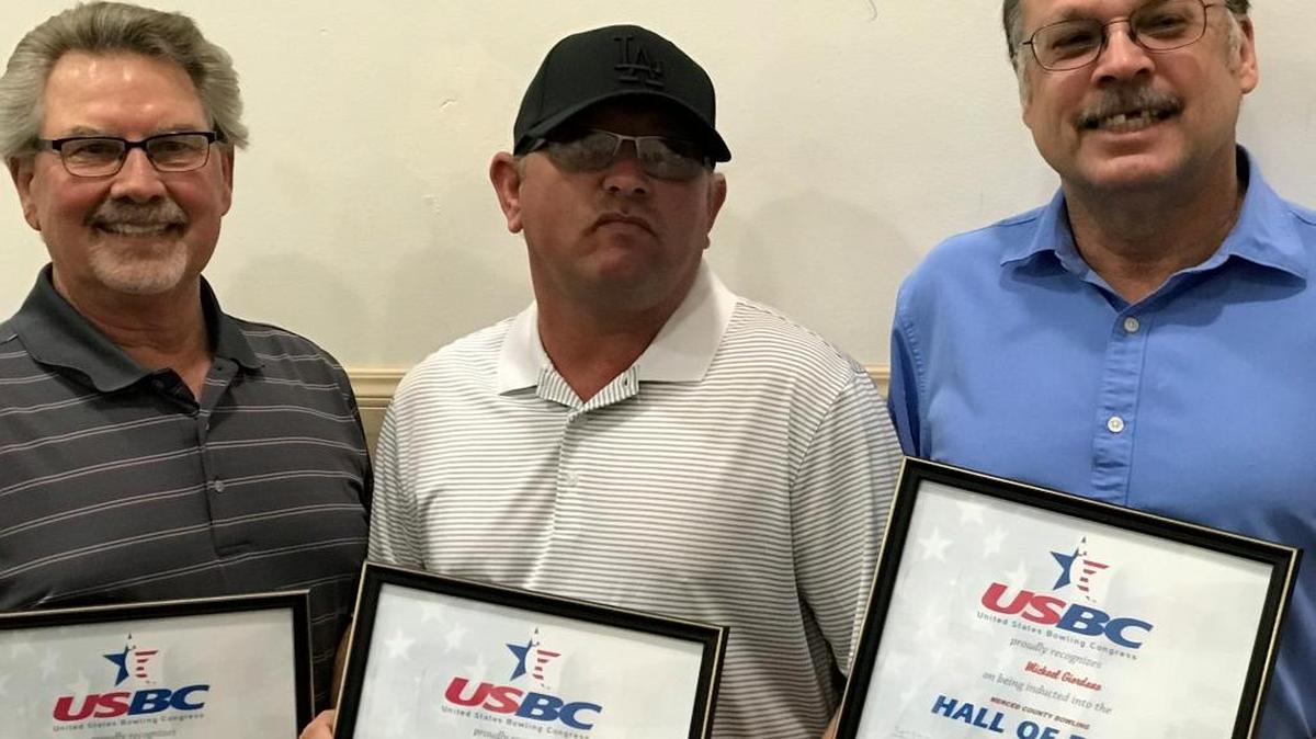 Merced County Bowling Hall of Fame inductees Bruce Ingraham, Larry Valenti Jr. and Michael Giordano.