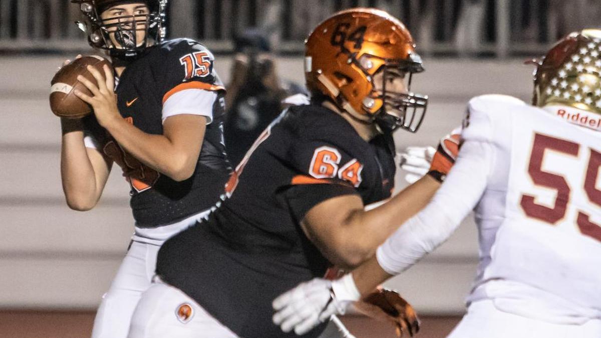 Merced quarterback Junior Garcia delivers a pass during the Bears’ 41-7 win over Golden Valley in the 25th annual Battle for the Mayor’s Cup on Friday, Oct. 26, 2018 at Veterans Stadium in Merced, Calif.
