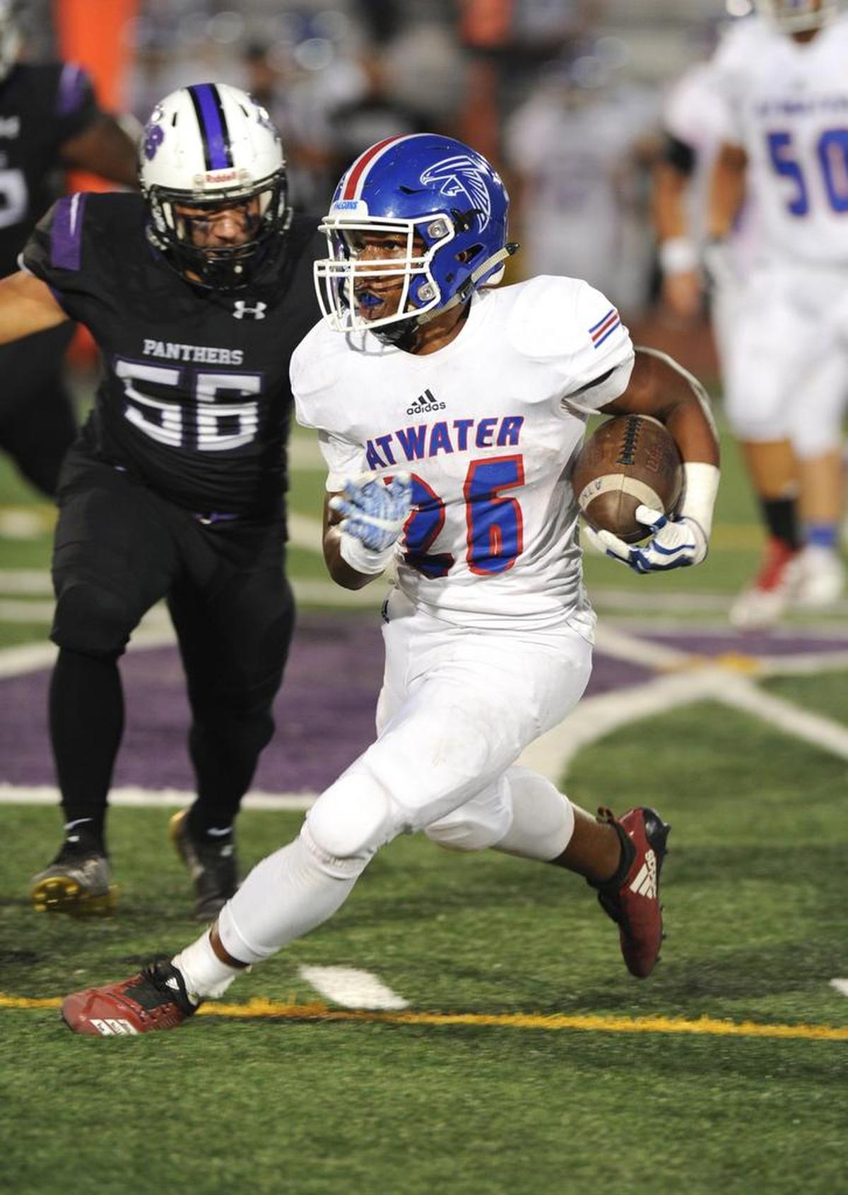 Atwater running back Charles Jackson finds room to run in the first quarter Friday, Sept. 7, 2018 against Pacheco High School in Los Banos.