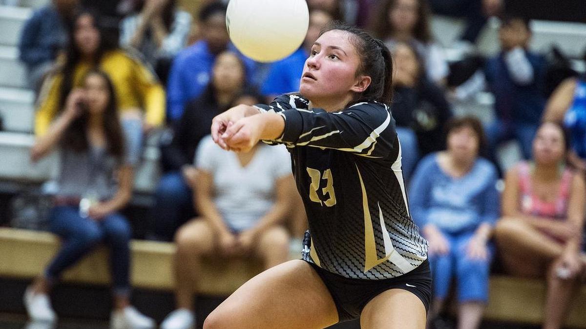 Buhach Colony junior Miranda Baptista (23) hits the ball during a match earlier this season. Baptista recorded 12 kills and 14 digs in the Thunder’s 3-1 loss to Vacaville in the first round of the Sac-Joaquin Section Division II playoffs on Tuesday night.