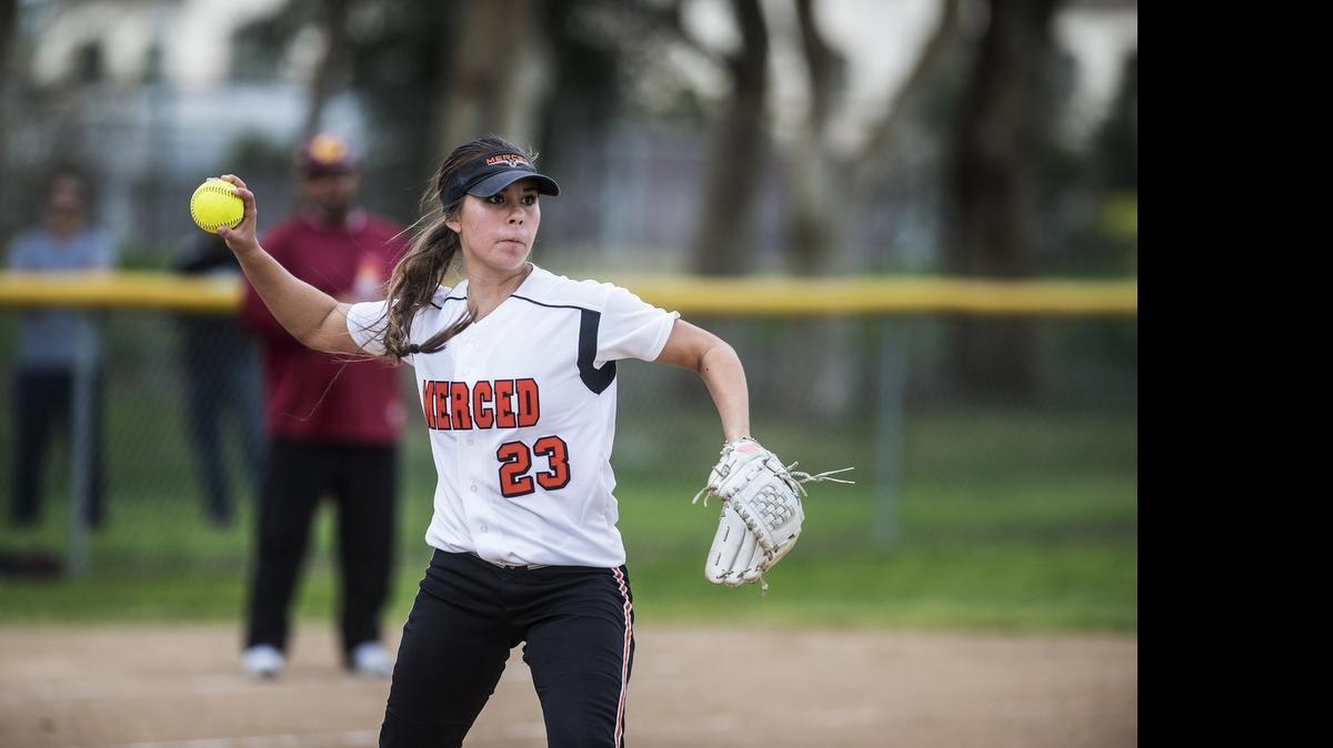
Merced junior Madilyn Nickles throws a runner out during her no-hitter against Los Banos at Merced High in Merced, Calif., on Feb. 27, 2015. Nickles was named to the All-USA Softball second team by USA Today.
