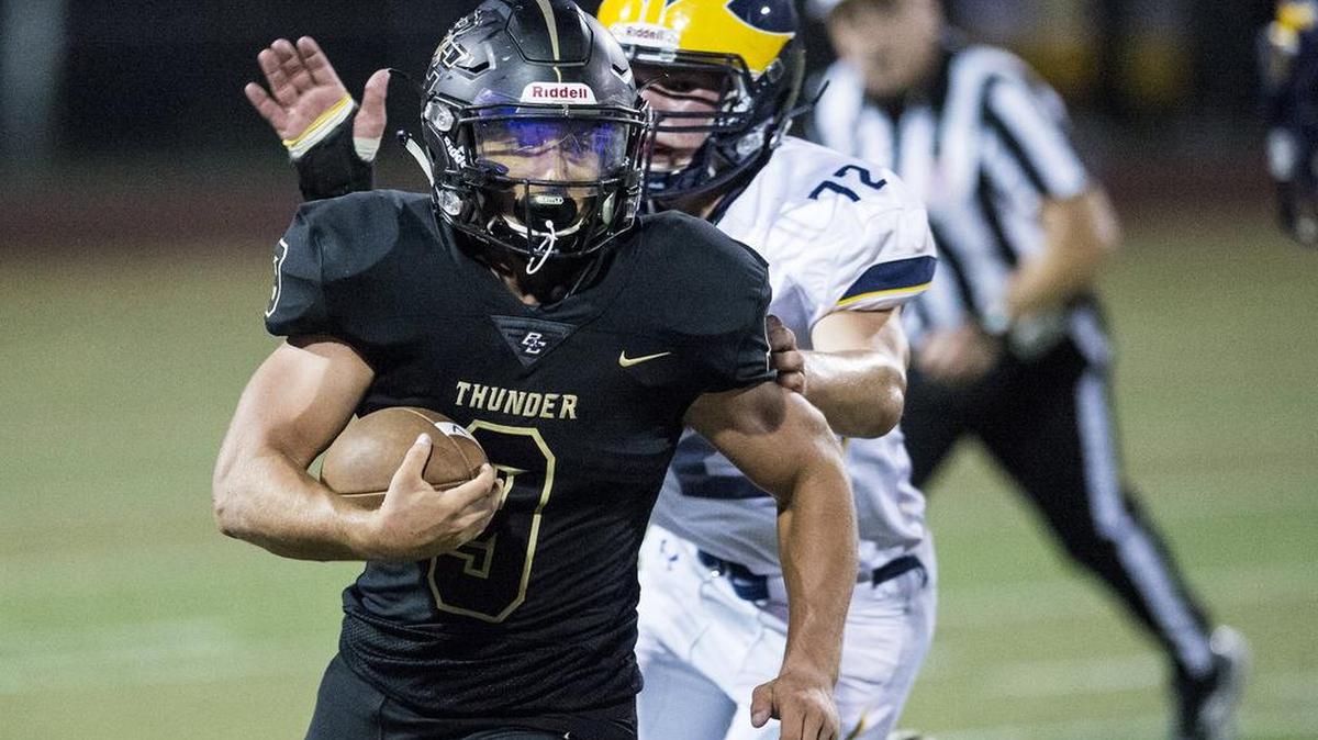 Buhach Colony senior Jon Buttrey (9) rushes up the field during a game against Gregori at Atwater High School in Atwater, Calif., on Friday, Aug. 17, 2018. The Thunder beat the Jaguars 13-6.