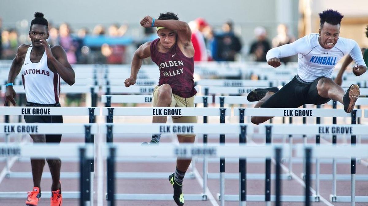 Golden Valley's Shawn Bettencourt, center, shown here at the Sac-Joaquin Section Masters Meet finished fifth in 110-meter hurdles at the CIF State Meet on Saturday night at Buchanan High in Clovis.