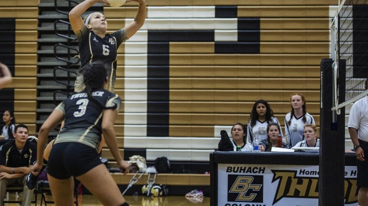 
Buhach Colony’s Macy Oh (5) jumps to hit the ball during a match against Merced at Buhach Colony High School.
