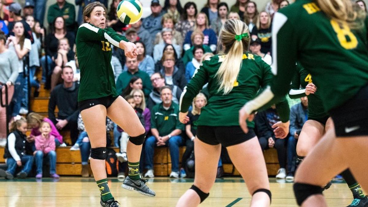 Hilmar junior Makayla Fontes (12) hits the ball during a Sac-Joaquin Section Division IV playoff match against Union Mine at Hilmar High School in Hilmar, Calif., on Tuesday, Nov. 7, 2017. The Yellowjackets beat the Diamondbacks 3-0.