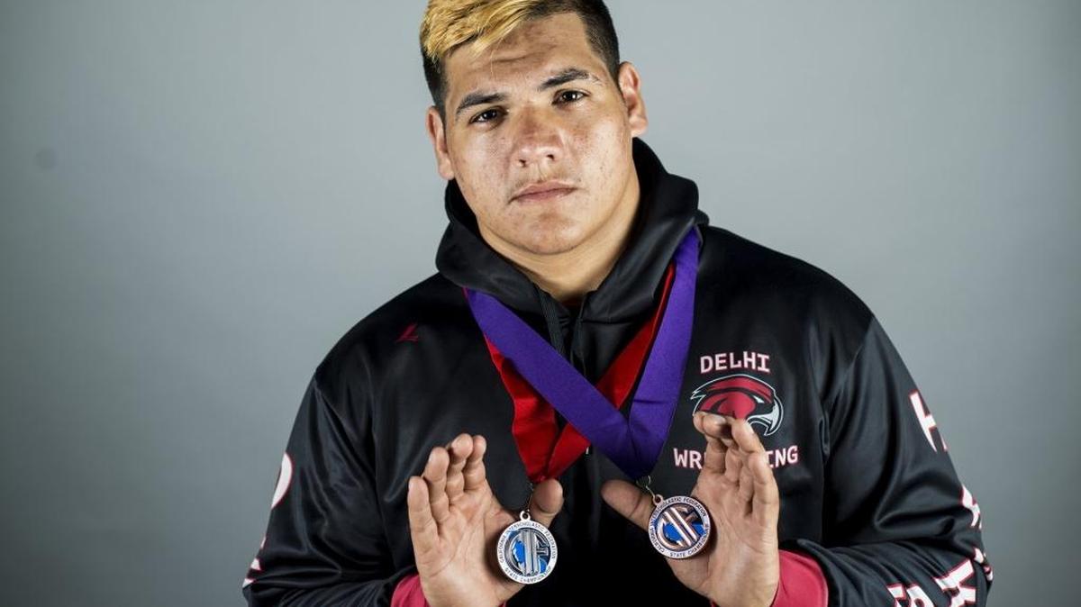 Delhi High School senior Jesse Flores poses for a portrait in Merced, Calif., on Wednesday, March 29, 2017. Flores is the Merced Sun-Star Wrestler of the Year.