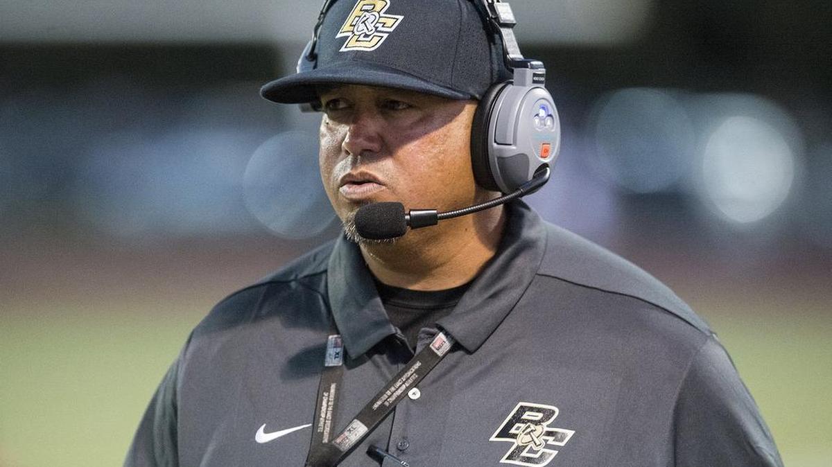 Buhach Colony head coach Kevin Navarra walks the sideline during a game against Gregori at Atwater High School in Atwater, Calif., on Friday, Aug. 17, 2018. The Thunder beat the Jaguars 13-6.