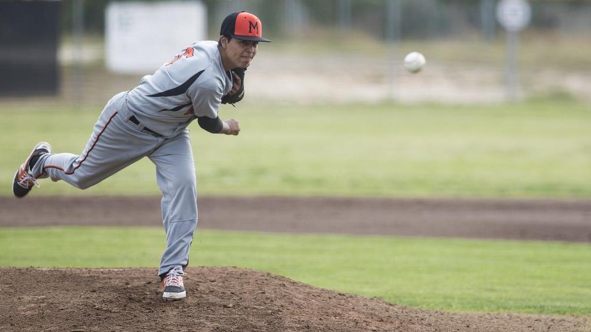 Merced senior pitcher Kyle Moniz (5) delivers a pitch during a game against Buhach Colony at Buhach Colony High School in Atwater, Calif., Tuesday, April 12, 2016. The Bears beat the Thunder 5-0.