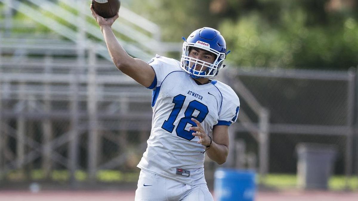 Atwater quarterback Isaiah Deleon, shown here earlier this season at a practice, accounted for six touchdowns in the Falcons 60-36 win over Grace Davis.