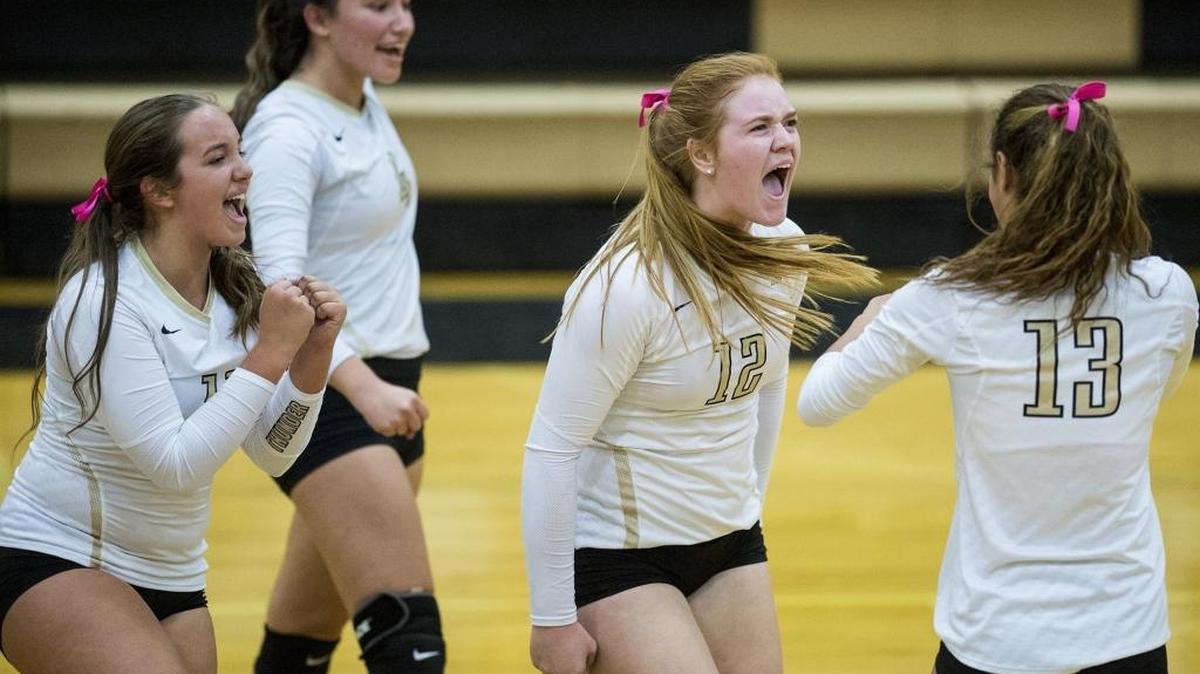 Buhach Colony junior Morgan Johnson (12) yells as she celebrates with teammates following a Thunder point during a match against El Capitan at Buhach Colony High School in Atwater, Calif., on Thursday, Oct. 19, 2017. The Thunder beat the Gauchos 3-0.