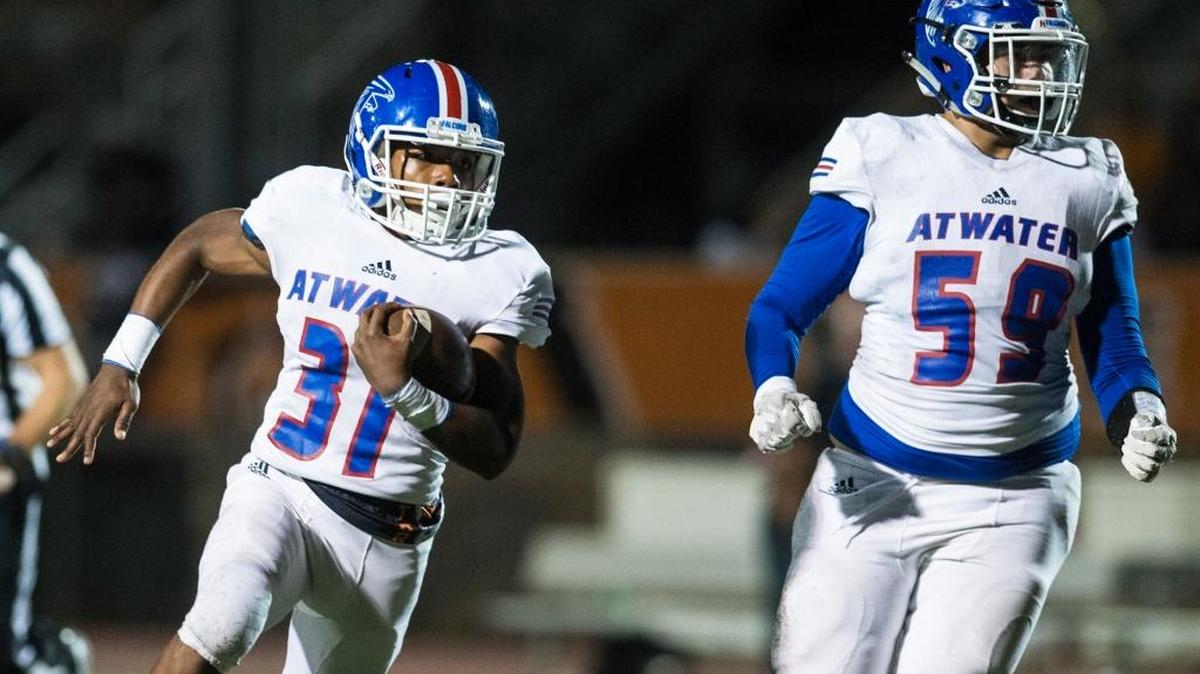 Atwater sophomore Charles Jackson (31), shown here earlier this season against Merced, scored on the Falcons’ first play from scrimmage against Golden Valley on Friday night.
