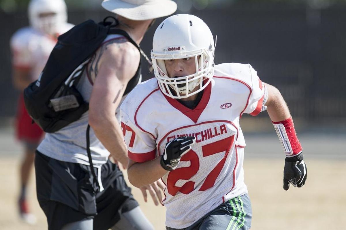 _ during football practice at Chowchilla High School in Chowchilla, Calif., on Thursday, Aug. 2, 2018.