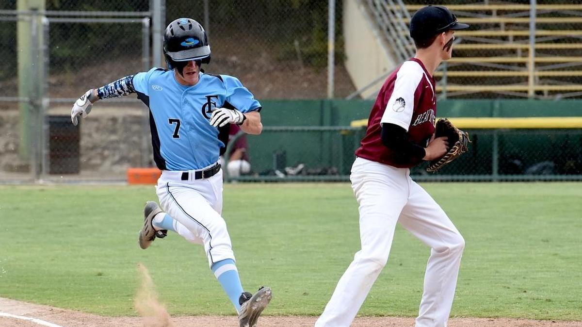 El Capitan lead-off man Braiden Ward (7) legs out a fielding error in the first inning on Saturday. Ward reached safely four times on six plate appearances in the Gaucho 11-4 victory. Saturday, May 21, 2016 in Lodi.