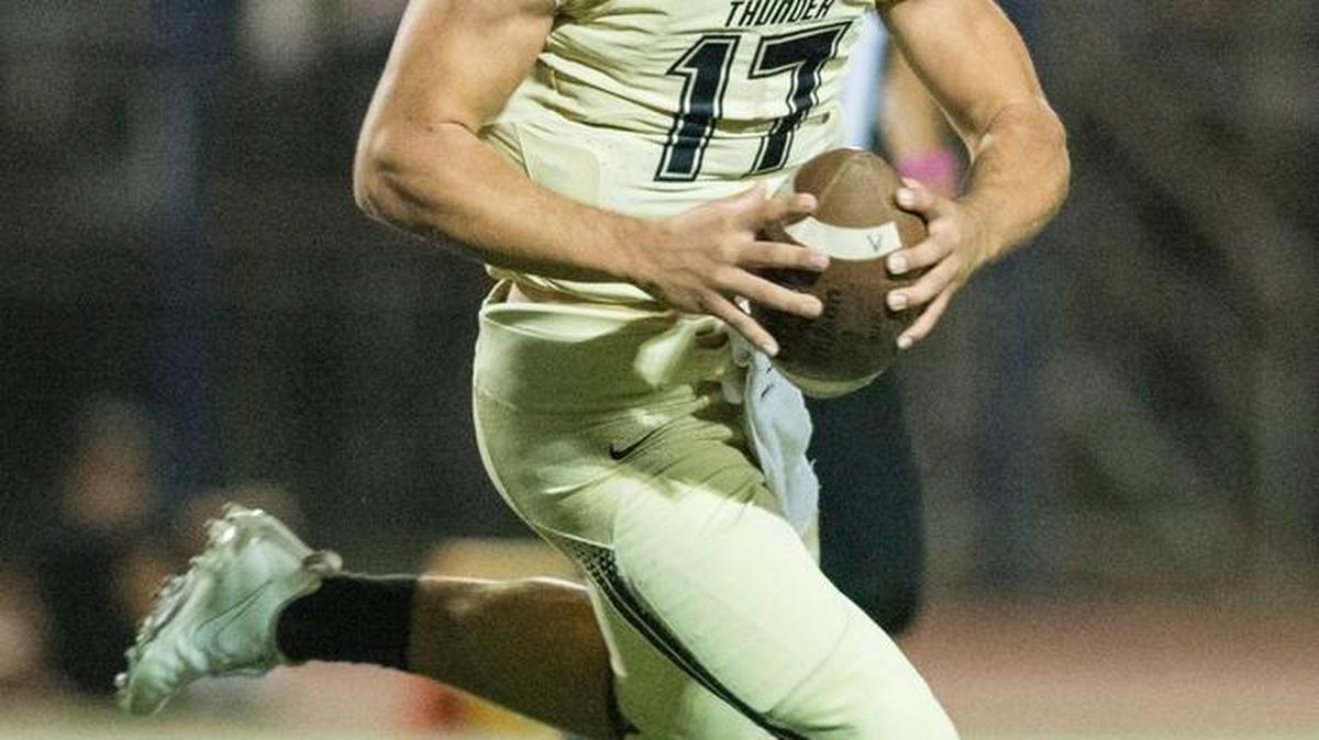 Buhach Colony quarterback Clayton Abram (17) scrambles out of the pocket during a game against El Capitan last season. Abrams will face his old school Turlock in Friday night’s Central California Conference opener. Abrams attended Turlock High his freshman and sophomore years before transferring to Buhachy Colony.