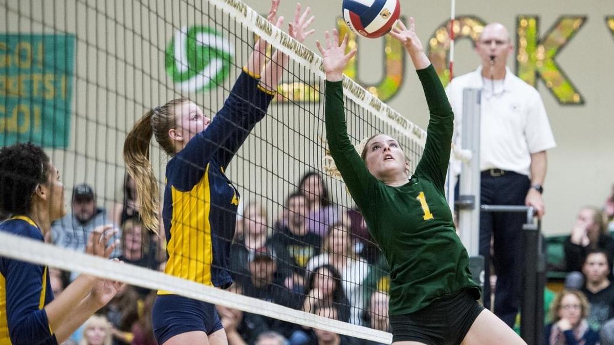 Hilmar senior Hannah Pearce (1) attempts to hit the ball over the net during a NorCal Division III playoff match against Alhambra at Hilmar High School in Hilmar, Calif., on Wednesday, Nov. 15, 2017. The Bulldogs beat the Yellowjackets 3-1.