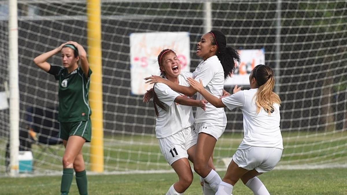 Evelyn Garcia (11) celebrates with teammates after scoring the opening goal on Tuesday. It would prove the only goal in a 1-0 victory over Pitman. Tuesday, May 3, 2016 in Merced.