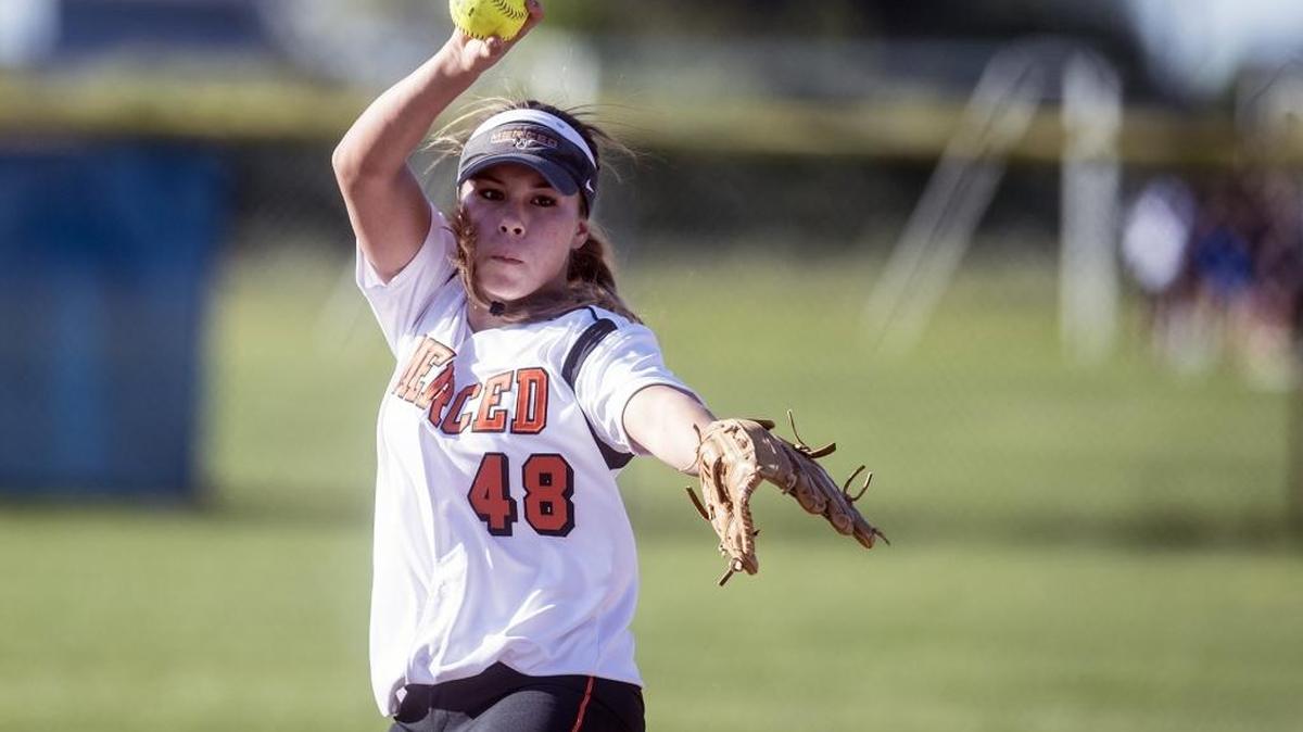 Merced senior Madilyn Nickles (48) winds up during a game against Atwater at Atwater High School in Atwater, Calif., Wednesday, March 16, 2016. Nickles threw a no-hitter as the Bears beat the Falcons 3-0.