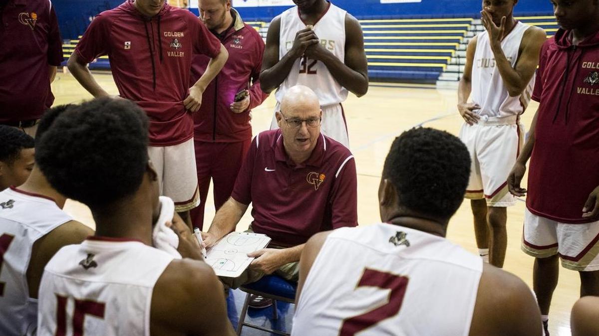 Golden Valley head coach Keith Hunter speaks to his team during a game against Ceres in the 41st annual Frank Godinez Basketball Tournament at Turlock High School in Turlock, Calif., on Thursday, Dec. 7, 2017. Hunter is two wins shy of career win No. 400.