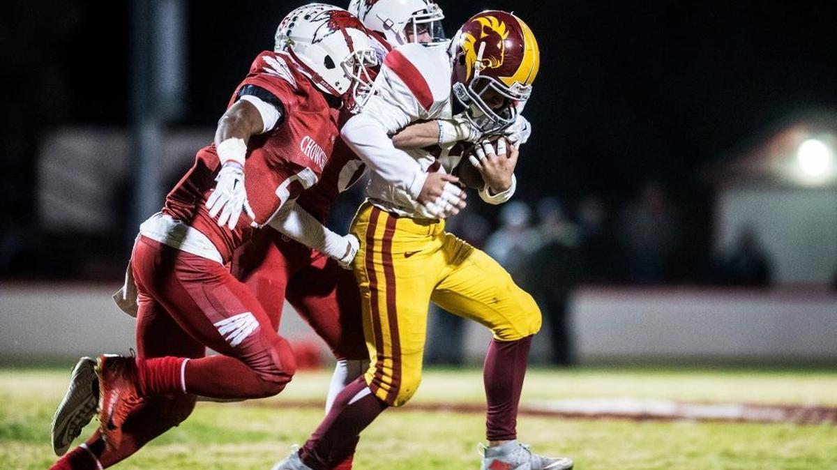 Chowchilla sophomore free safety Justin Cantrell (8) and senior defensive back Anthony Stewart (5) have each returned a kick for a touchdown during the Redskins’ postseason run.