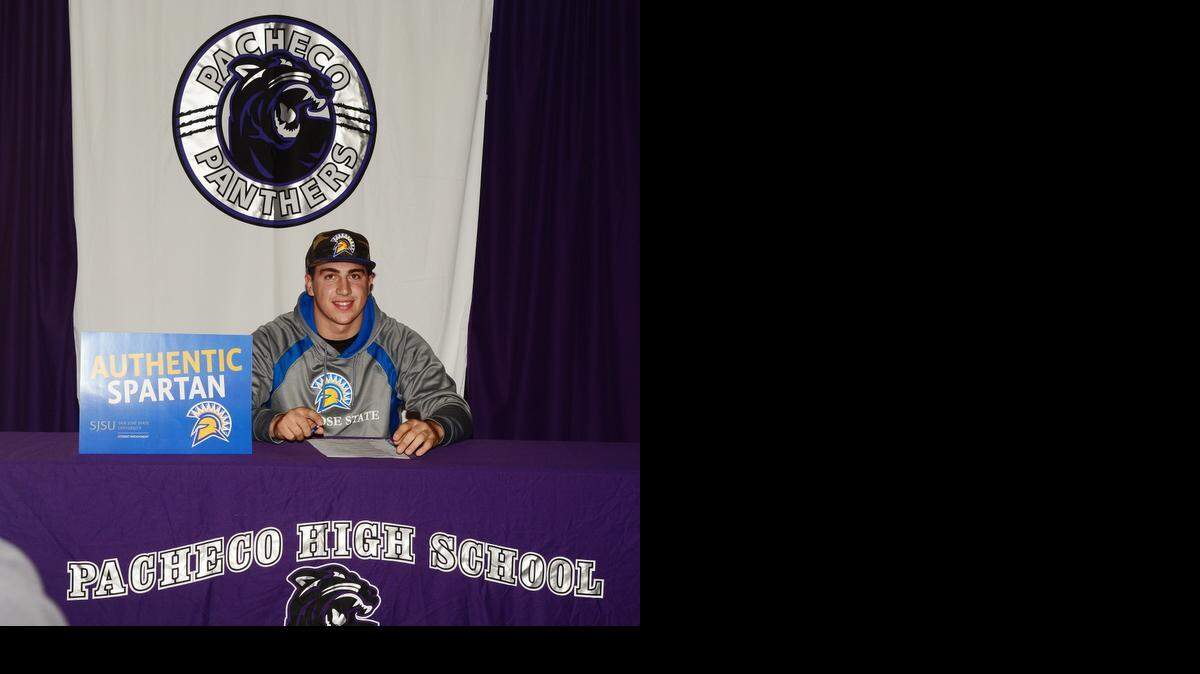 
Pacheco linebacker Frank Ginda is all smiles after signing his commitment papers to play for San Jose State at Pacheco High on Wednesday (Dec. 17, 2014) in Los Banos.
