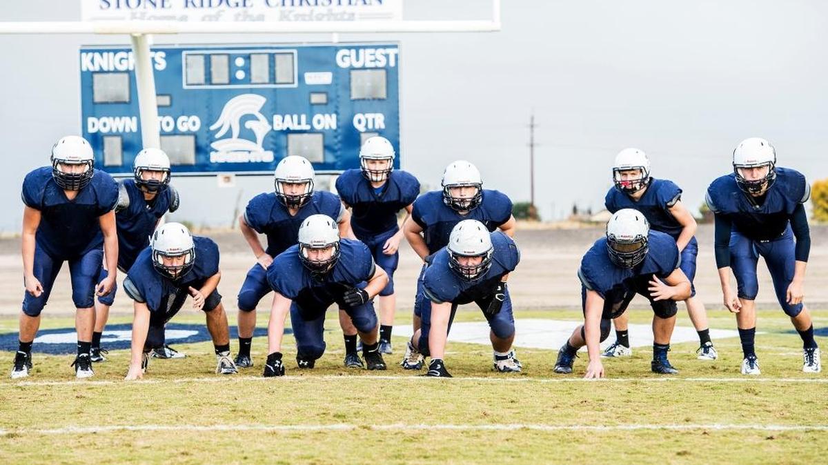 The Stone Ridge Christian defense lines up during practice in Atwater, Calif., Tuesday, Nov. 24, 2015.