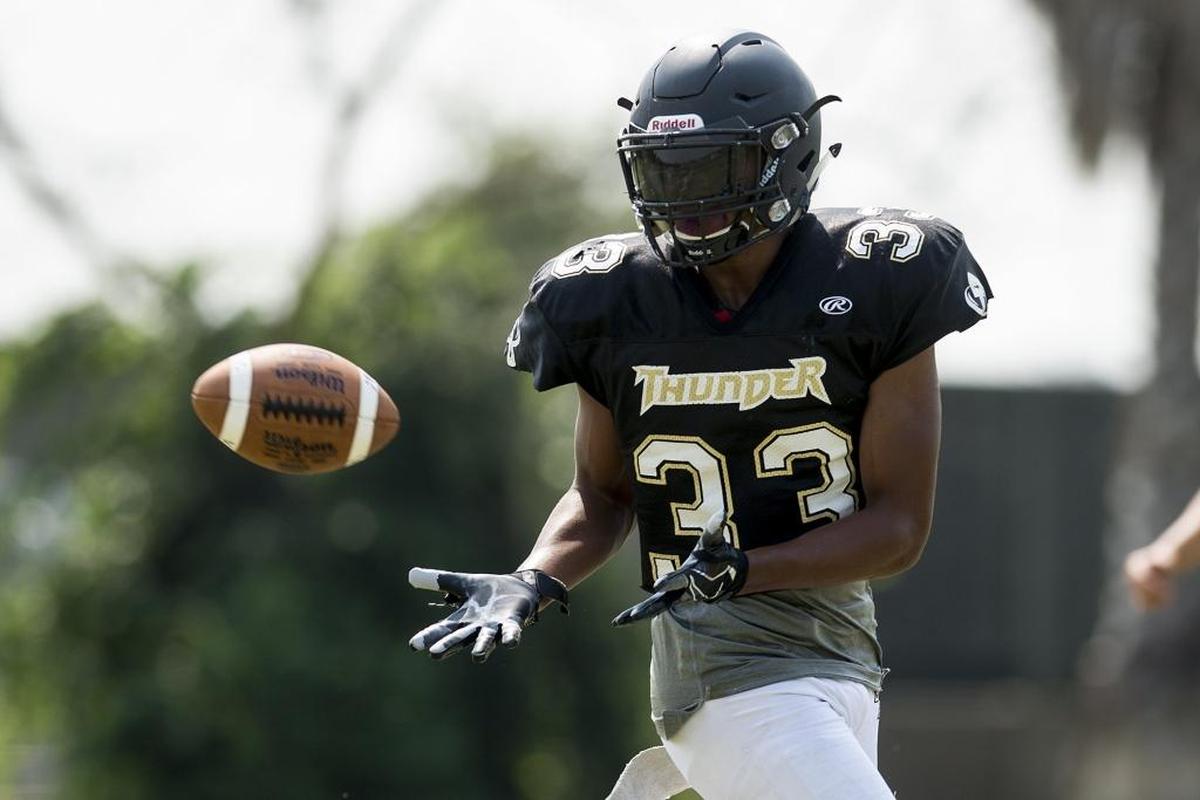 Buhach Colony’s Tramayne Paster catches a pass during football practice at Buhach Colony High School in Atwater, Calif., on Tuesday, July 31, 2018.