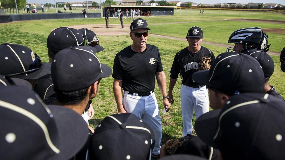 Buhach Colony coach Greg Wakefield speaks to his team prior to a game against Merced at Buhach Colony High School in Atwater, Calif., Tuesday, April 12, 2016. The Bears beat the Thunder 5-0.