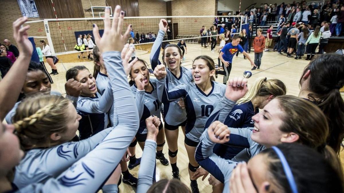 Stone Ridge Christian players celebrate a 3-0 win over Anderson Valley at Stone Ridge Christian High School in Merced, Calif., Tuesday, Nov. 24, 2015.