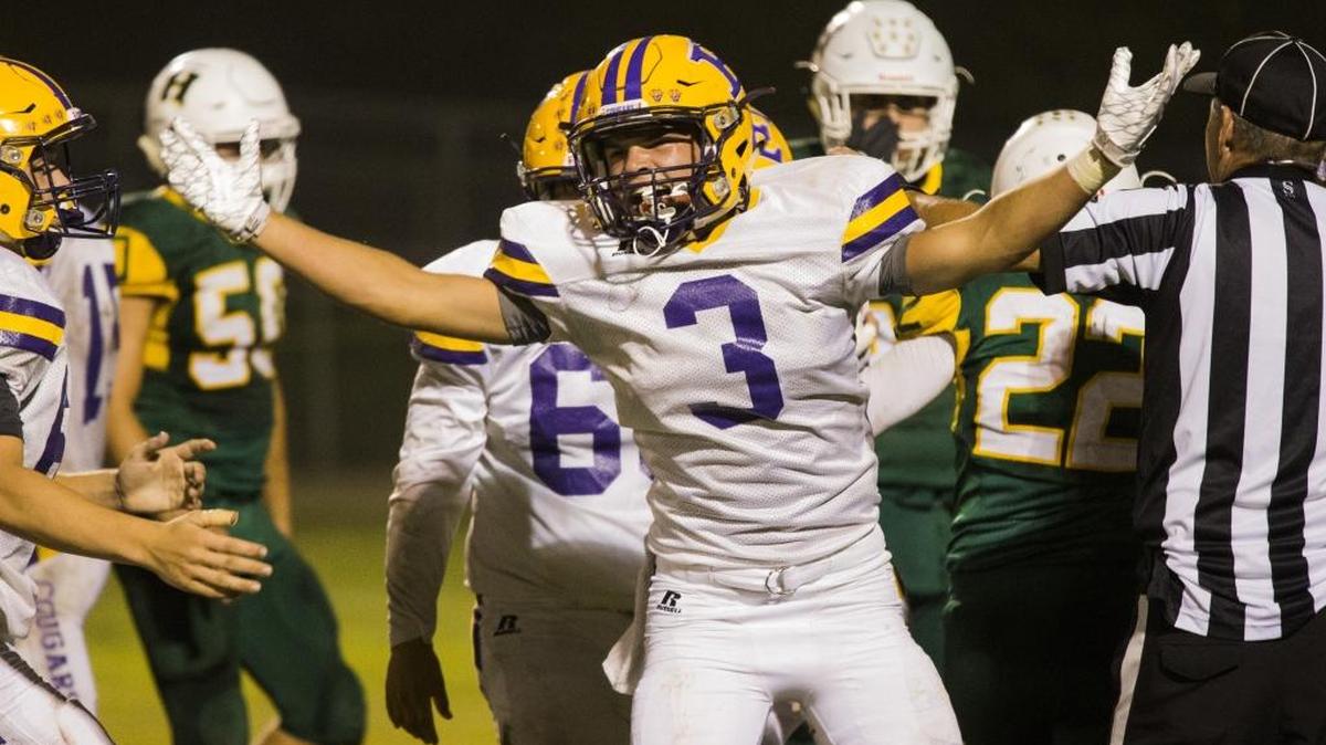 Kaden Christensen (3) of Escalon High celebrates after a touchdown in the first half. Escalon High traveled to Hilmar for Friday night football Friday Oct. 6th 2017.