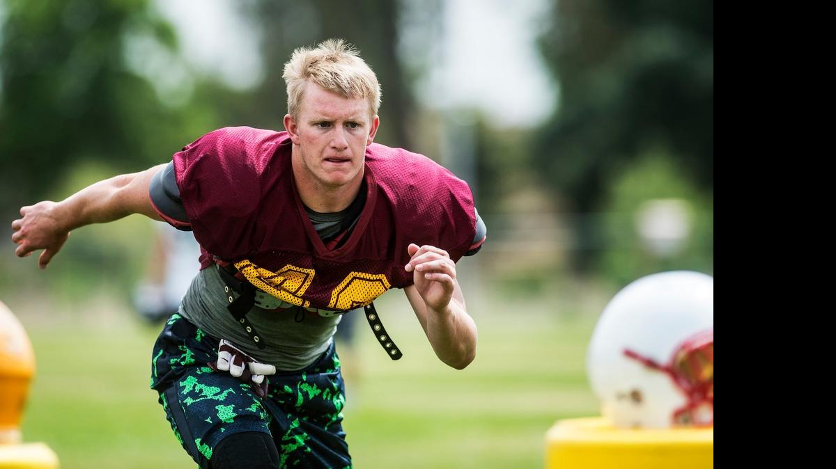 
Los Banos defensive back Alec Barcellos during practice for the Lions All-Star Football game at California State University, Stanislaus, Tuesday.
