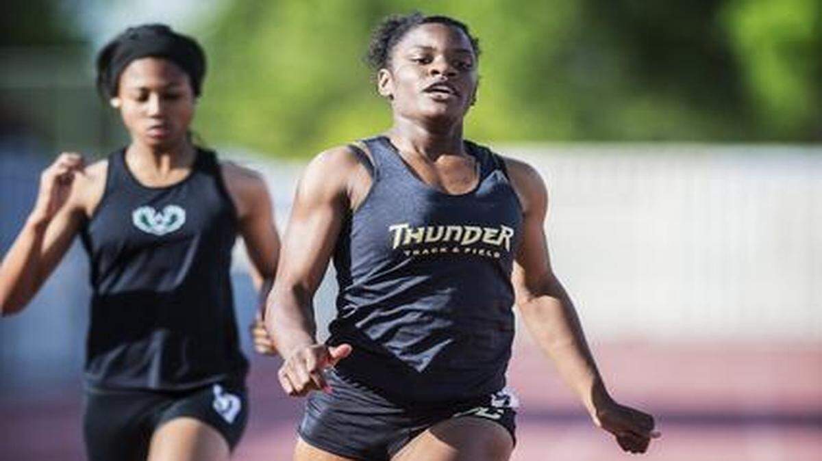 Buhach Colony’s Brandy Coward races to victory in the 200-meter dash. The Thunder senior, a three-time CIF State Meet qualifier, also claimed victory in the 100-meter dash, setting season bests in each event.