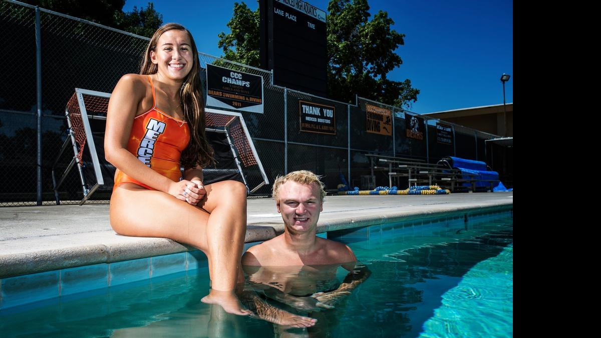 
Swimmers Jande Monteon and Josh Fluetsch at the Merced High School pool Friday, will both swim at the collegiate level.


