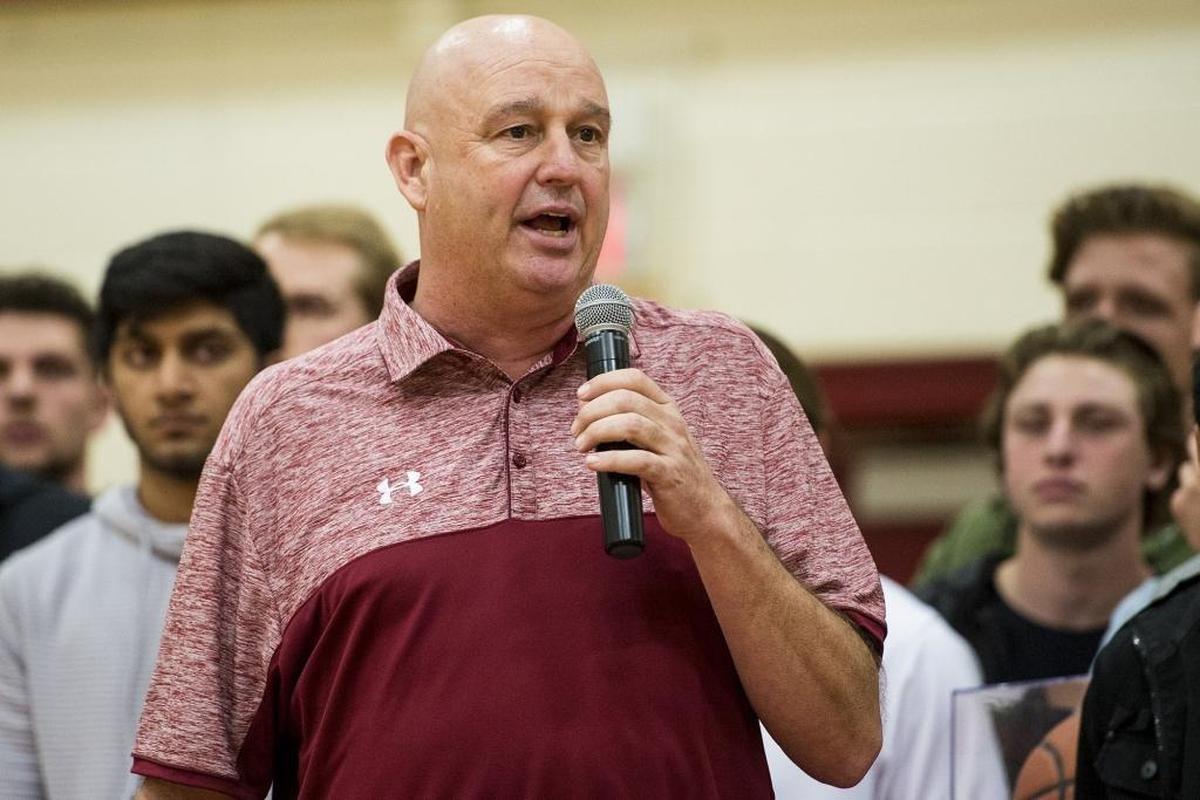 Golden Valley boys head basketball coach Keith Hunter speaks during a ceremony to honor him for his 400 career wins at Golden Valley High School in Merced, Calif., on Friday, Feb. 2, 2018.
