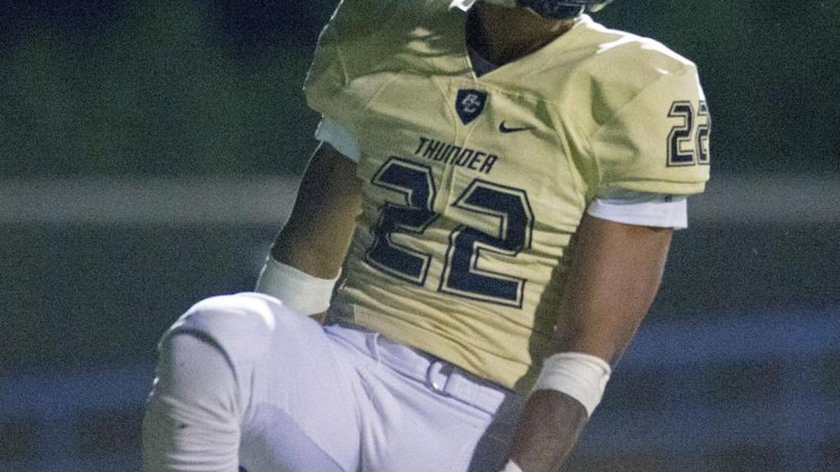 Buach Colony receiver Lavon Wallace celebrates after catching a touchdown pass during a game between Pitman and Buhach Colony at Atwater High School in Atwater California on October 13, 2017.
