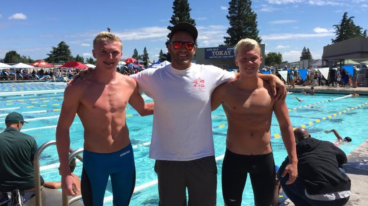 Atwater sophomore Connor Norton (left), pictured with coach David Svendsen and teammate Luke van Warmerdam, won the frosh-soph 50- and 100-yard freestyle events at the Sac-Joaquin Section Swim Championships on May 14, 2016, at Tokay High.