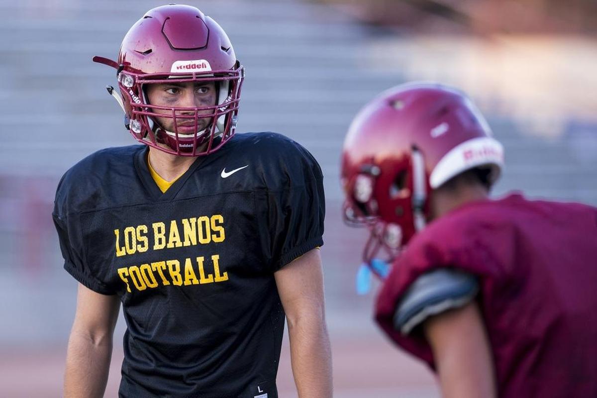 Los Banos High School’s Patrick Nunes during football practice at Loftin Stadium in Los Banos, Calif., on Thursday, July 26, 2018.