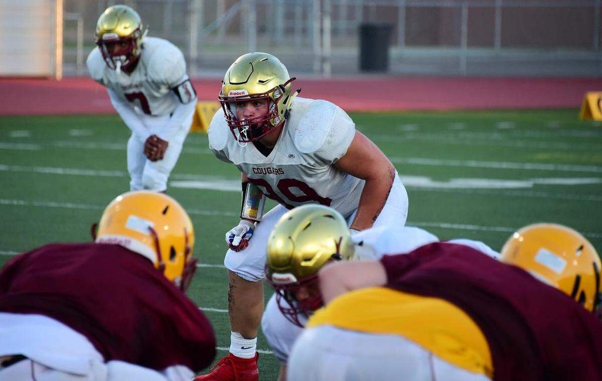 Golden Valley senior linebacker Ryan Nunes (89) looks on before Los Banos runs a player during a scrimmage on Friday, Aug. 16, 2019 at Veterans Stadium.