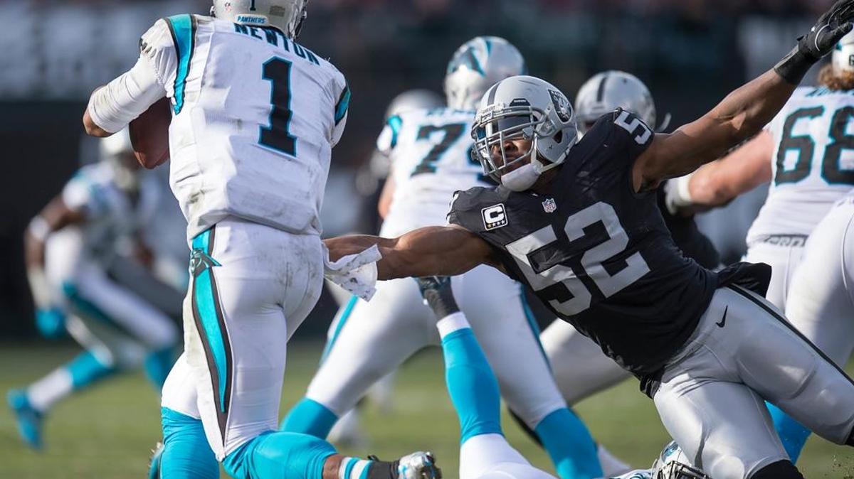 Raiders defensive end Khalil Mack (52) puts some heat on Carolina quarterback Cam Newton in a Nov. 27, 2016 game in Oakland, Calif.