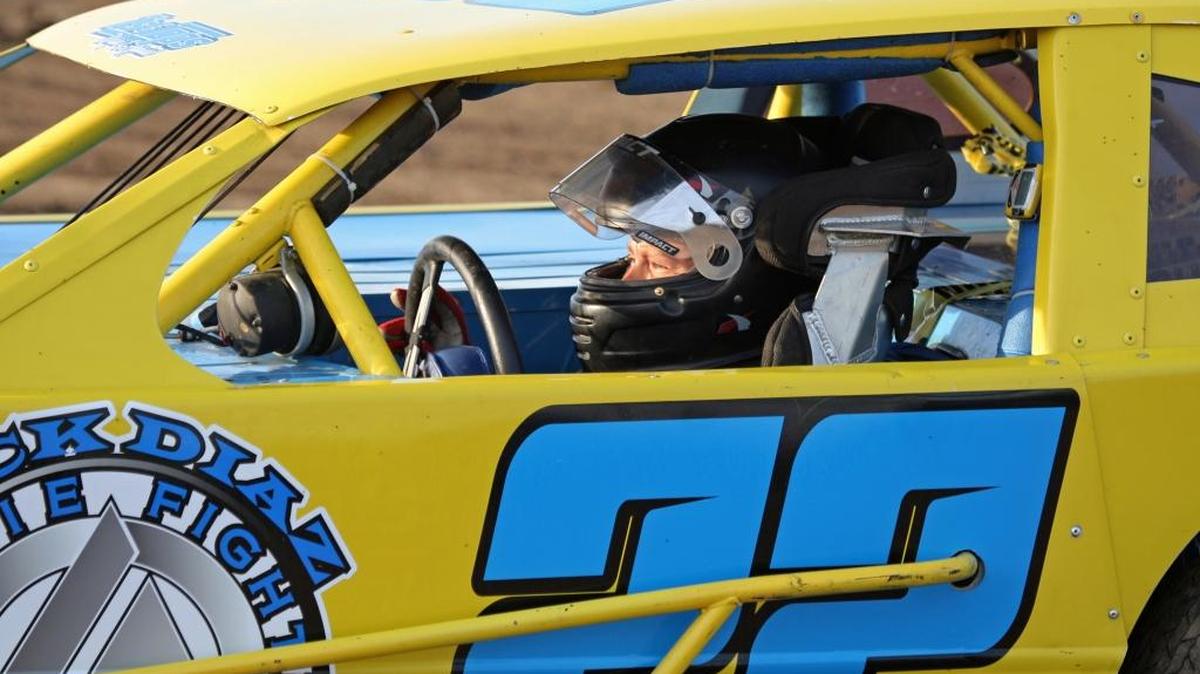 Tanner Thomas sits in staging for the IMCA SportMod feature last Saturday night at Merced Speedway. The McSwain School eighth-grader finished 11th in the 18-car main event.