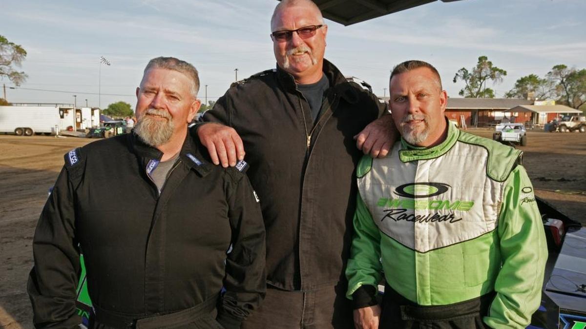 Three racing members of the five original “Rolling Stone” family – brothers Steve, left, and Paul, right, with cousin Ramie, center – are racing at Merced Speedway. A fourth family member, Troy, will soon join them.