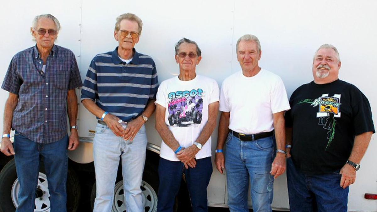 
Tom Friesen, right, takes his place with Merced Speedway Legends, from left, Jerry Holzer, Dennis Moomjean, Ron Yeter and Tom Barbour at the 2014 Legends of Merced reunion.


