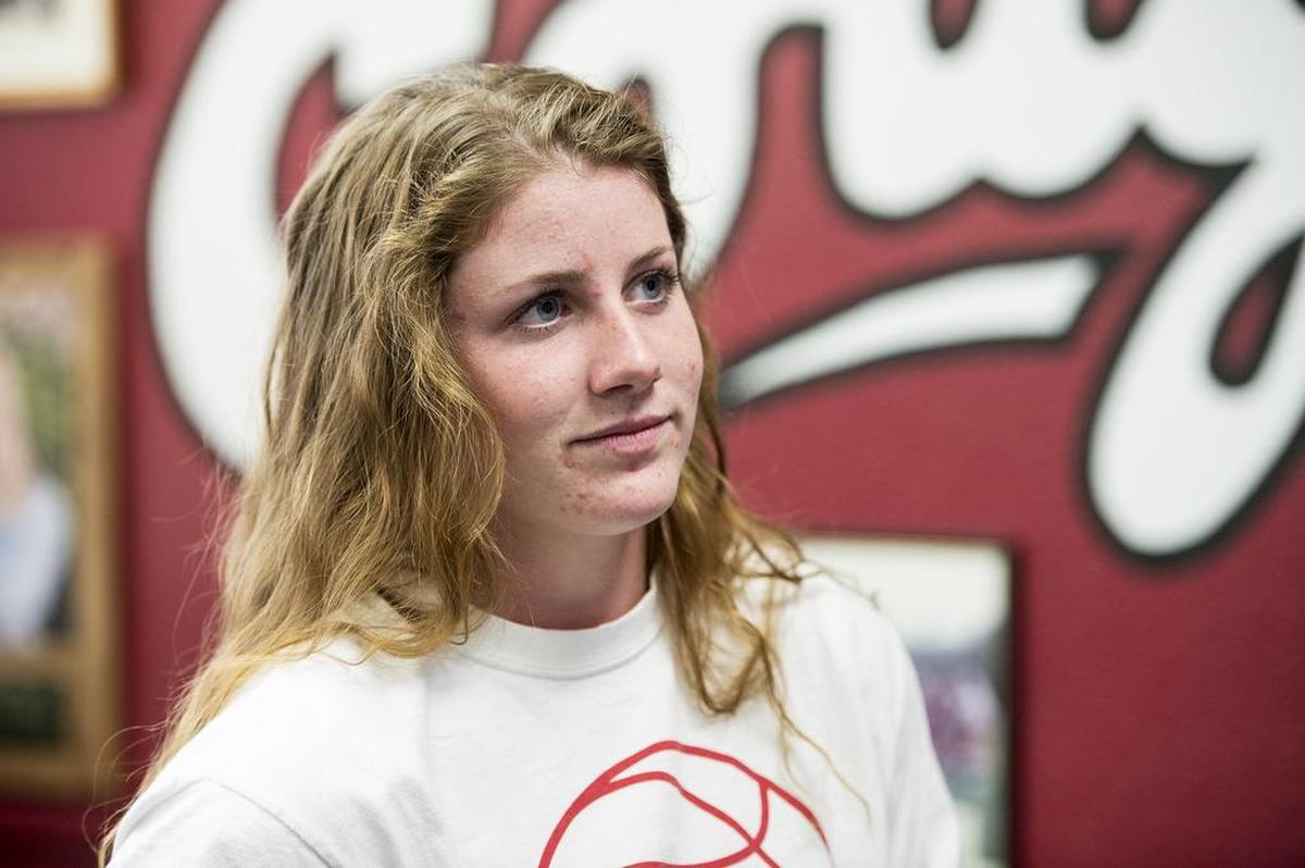 Golden Valley senior Delia Moore speaks about signing her letter of intent to play basketball for California State University, East Bay, at Golden Valley High School in Merced, Calif., on Friday, April 13, 2018.