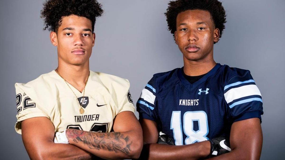 Buhach Colony's Lavon Wallace, left, and Downey's Isaiah Johnson, right, pose for a portrait at the Merced Sun-Star office in Merced, Calif., on Thursday, July 27, 2017. Downey opens the season against Buhach Colony.