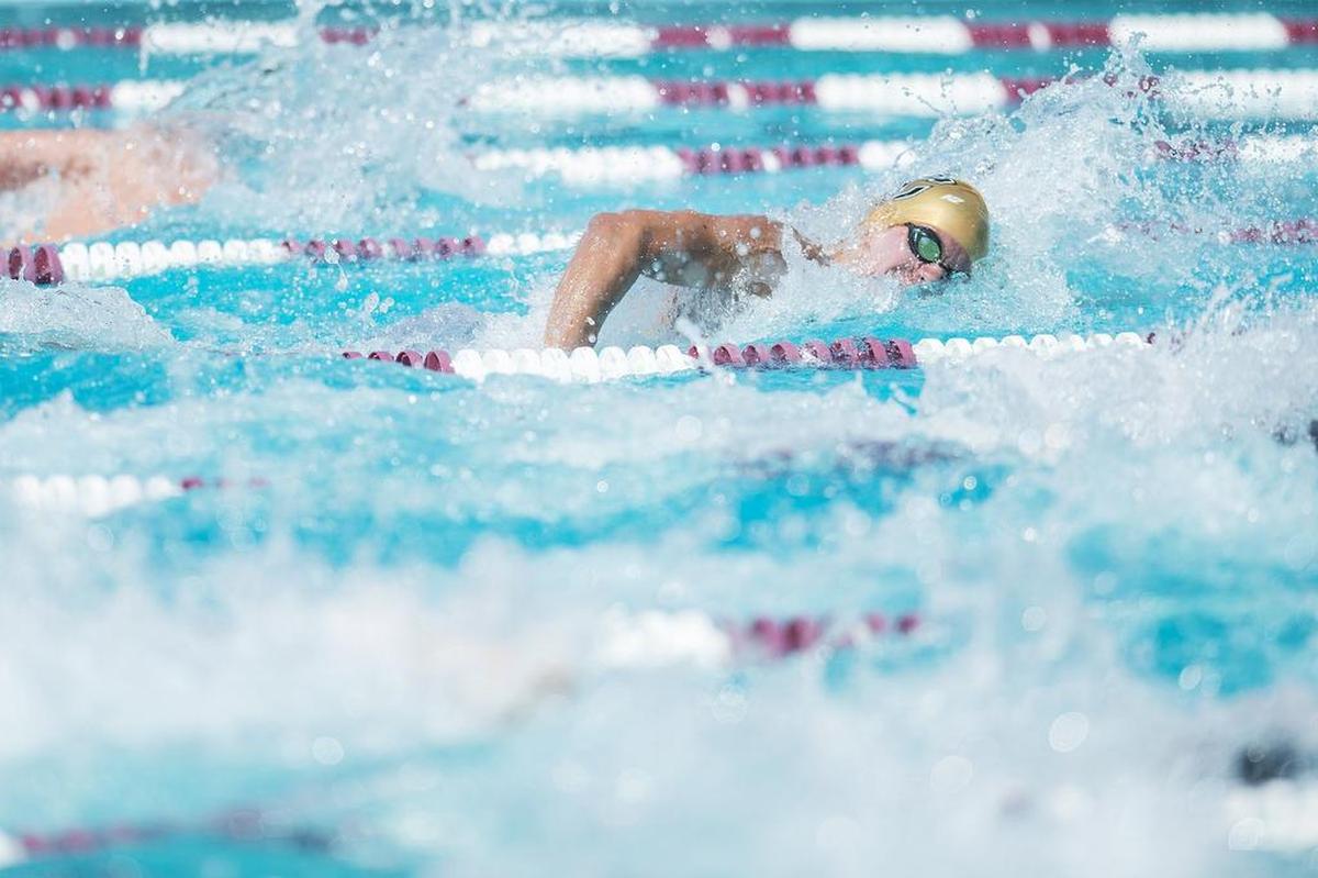 Buhach Colony's Luke Bird competes in the 100-yard freestyle during the Central California Conference Championships at Golden Valley High School in Merced, Calif., on Saturday, April 28, 2018.