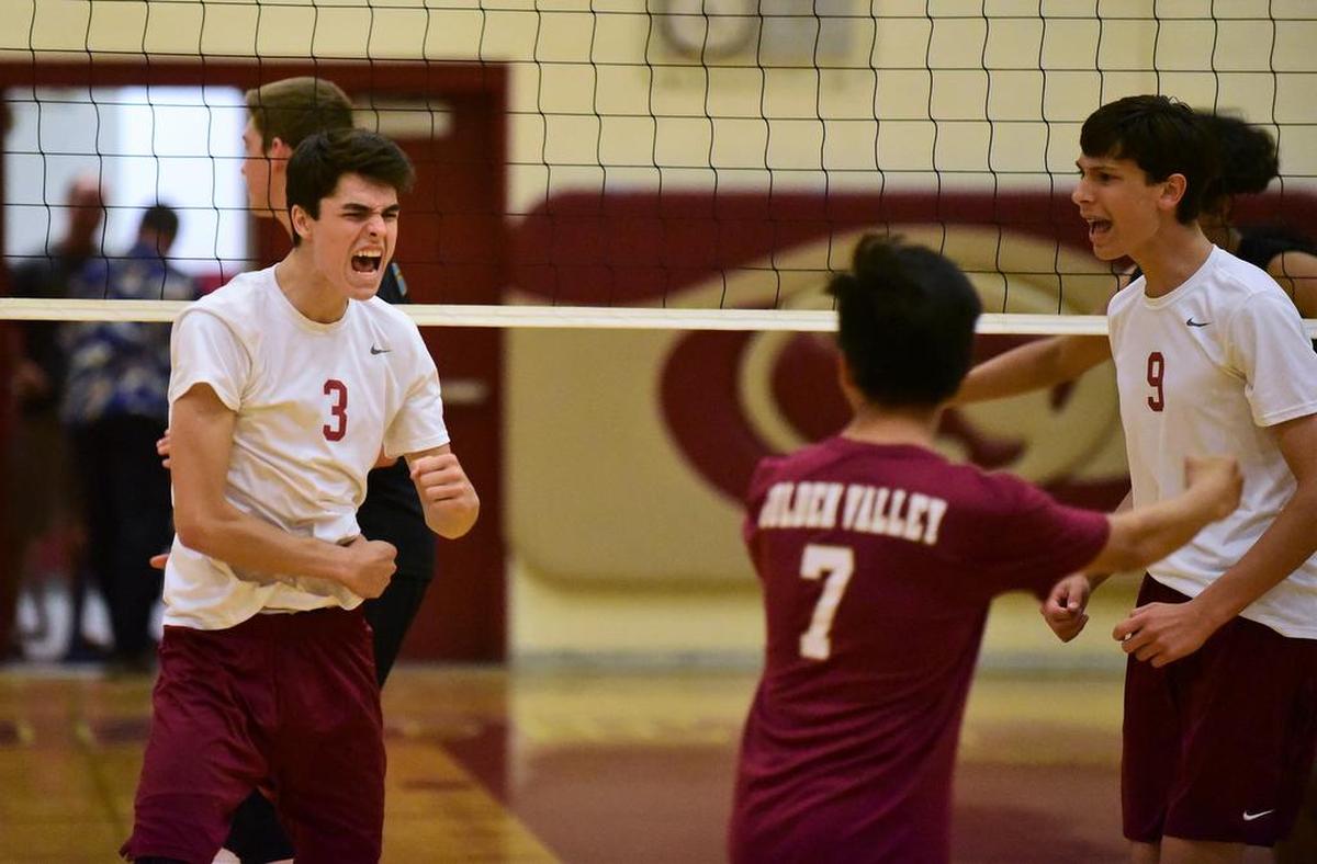 Golden Valley senior Brian Livesay celebrates a point during the Cougars’ 3-0 sweep of El Capitan during the Sac-Joaquin Section Division II playoffs at Golden Valley High in Merced, Calif.