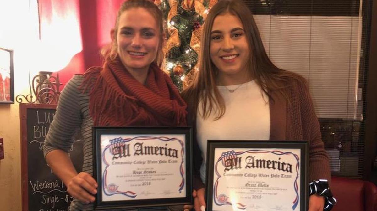 Merced College water polo players Hope Stokes (left) and Grace Mello both received Community College All-American honors.